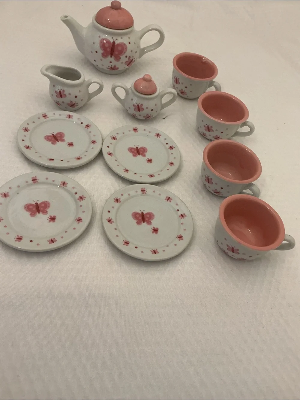 Mini Ceramic Tea Set with Pink Butterfly Accents